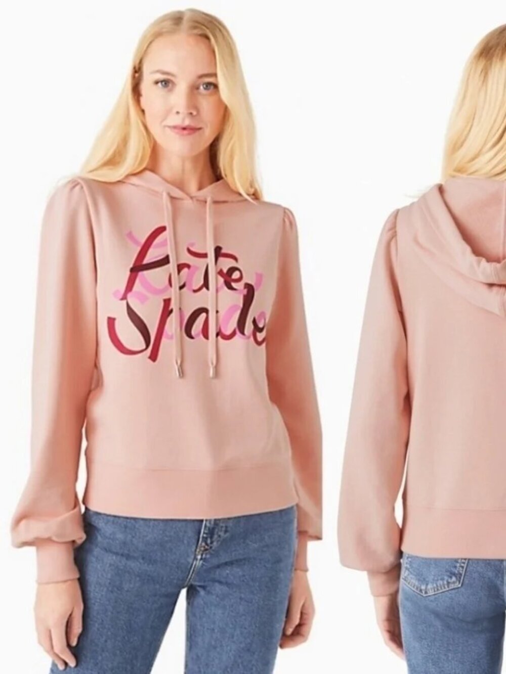 Kate Spade Ribbon Hoodie Sweatshirt Long Sleeve 100% Cotton Pink NWT New Medium